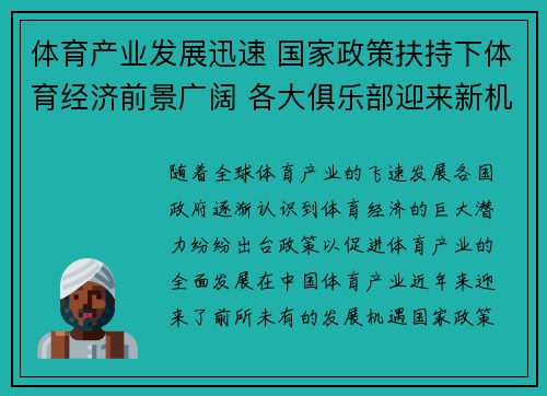 体育产业发展迅速 国家政策扶持下体育经济前景广阔 各大俱乐部迎来新机遇